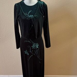 One Up USA Emerald Green Velvet Embroidered Formal Gown-Vintage- Size M